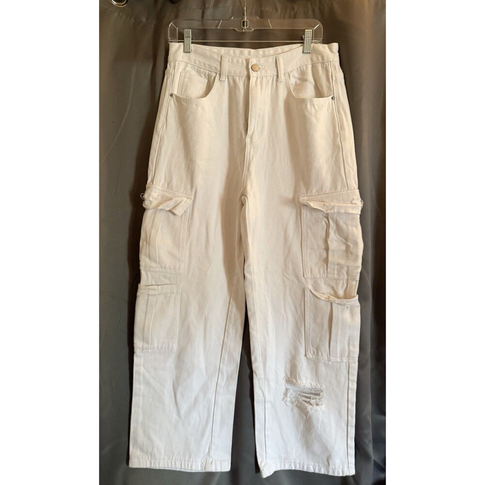 NWOT Women's 8 High Waisted Cargo Jeans Denim Distressed Flap Pockets Grunge